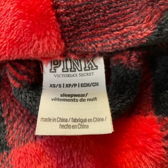 Victoria Secret Pink Red Buffalo Plaid Fuzzy Mid-Length Robe Size XS - Picture 5 of 7